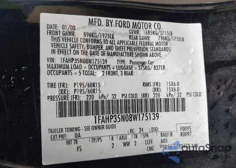 2008 Ford Focus Se/Ses из США, поврежденный, VIN 1FAHP35N08W175139